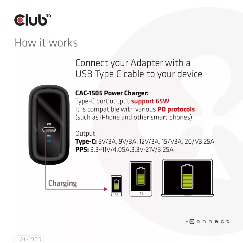 CLUB3D Travel Charger 65W GAN tehnoloģija, viens ports USB Type-C, Power Delivery (PD) 3.0 atbalsts