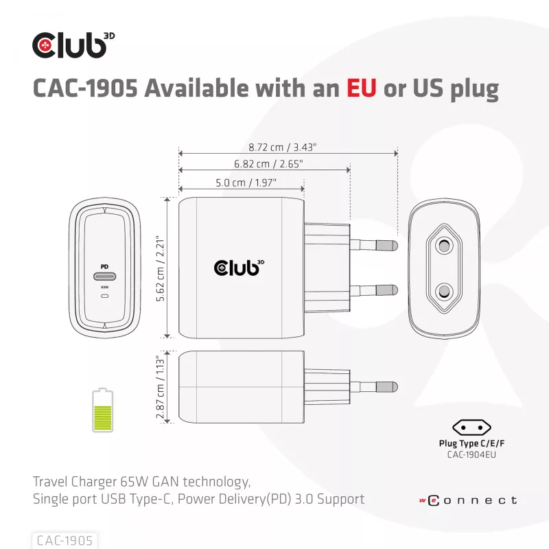 CLUB3D Travel Charger 65W GAN tehnoloģija, viens ports USB Type-C, Power Delivery (PD) 3.0 atbalsts