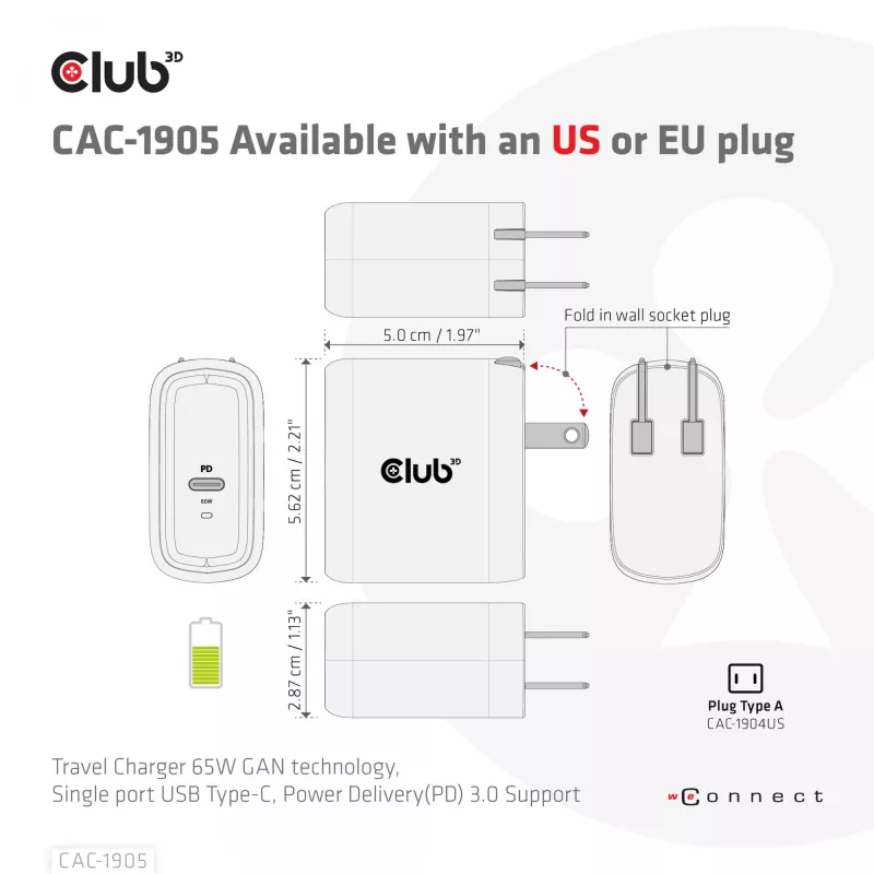 CLUB3D Travel Charger 65W GAN tehnoloģija, viens ports USB Type-C, Power Delivery (PD) 3.0 atbalsts