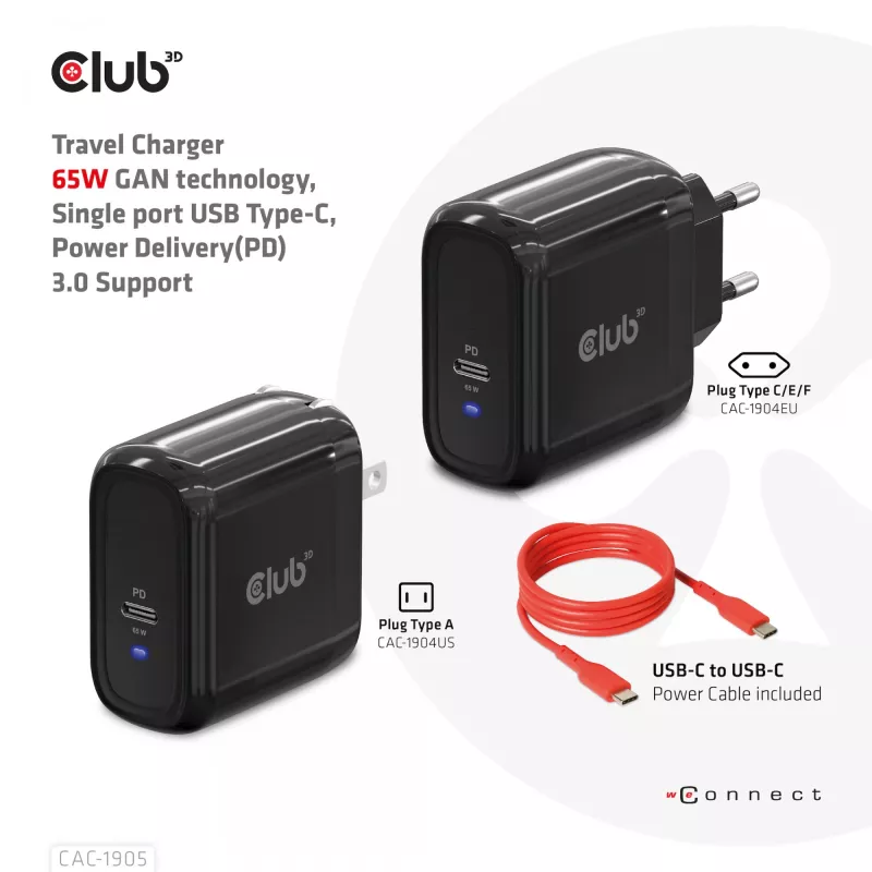 CLUB3D Travel Charger 65W GAN tehnoloģija, viens ports USB Type-C, Power Delivery (PD) 3.0 atbalsts