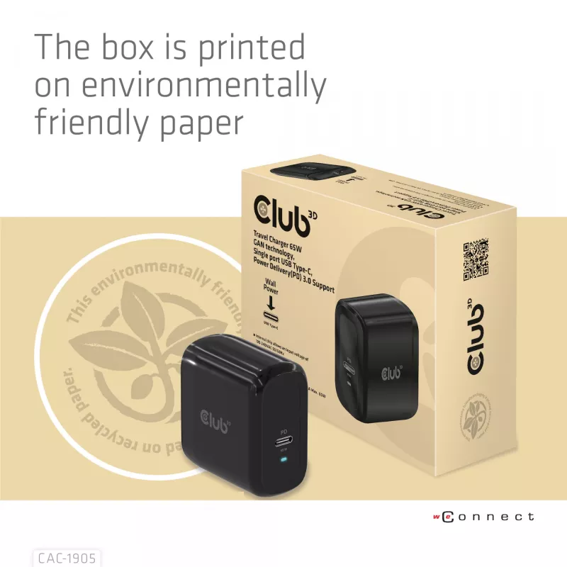 CLUB3D Travel Charger 65W GAN tehnoloģija, viens ports USB Type-C, Power Delivery (PD) 3.0 atbalsts