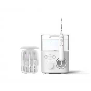 Mutes skalotājs Philips Power Flosser 7000 HX3911/40, darbināms ar baterijām, balts, universāls maiņstrāvas lādētājs