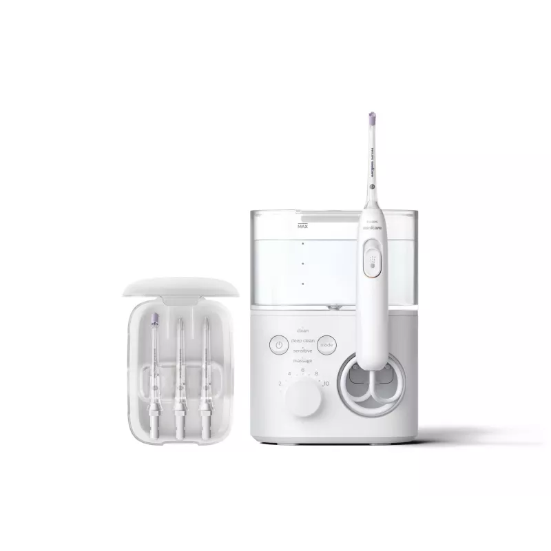 Mutes skalotājs Philips Power Flosser 7000 HX3911/40, darbināms ar baterijām, balts, universāls maiņstrāvas lādētājs