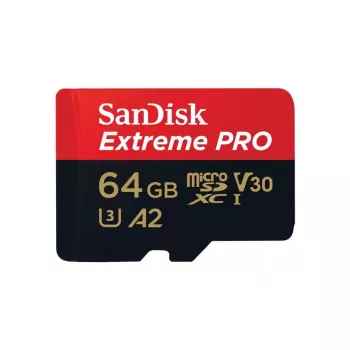 MicroSDXC zibatmiņa SANDISK Extreme PRO 64GB UHS‑I U3 V30 A2, lasīšana 200 MB/s, rakstīšana 90–140 MB/s, ietver SD adapteri