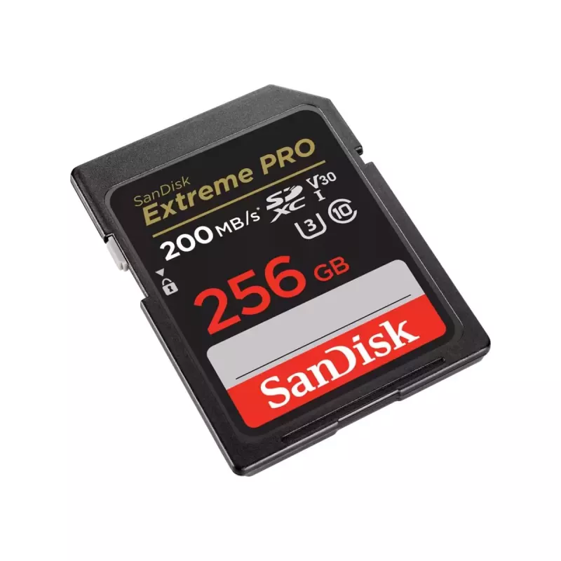 SDXC atmiņas karte SANDISK Extreme PRO 256 GB UHS‑I U3 V30 Class 10 — lasīšana 200 MB/s, rakstīšana līdz 140 MB/s, triecienizturīga