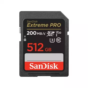 SDXC atmiņas karte SANDISK Extreme PRO 512 GB — 10. klase, U3, V30, lasīšana 200 MB/s, rakstīšana 140 MB/s, ūdensizturīga