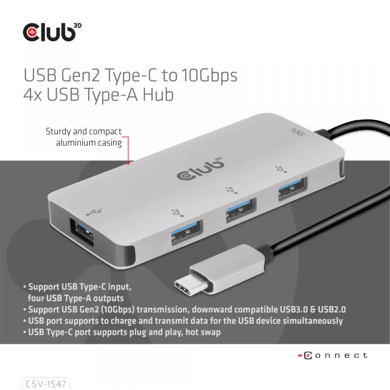 CLUB3D 4 portu USB-A centrmezgls USB-C – 10 Gbps ātra datu pārraide