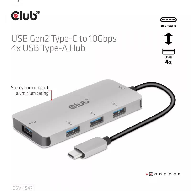 CLUB3D 4 portu USB-A centrmezgls USB-C – 10 Gbps ātra datu pārraide