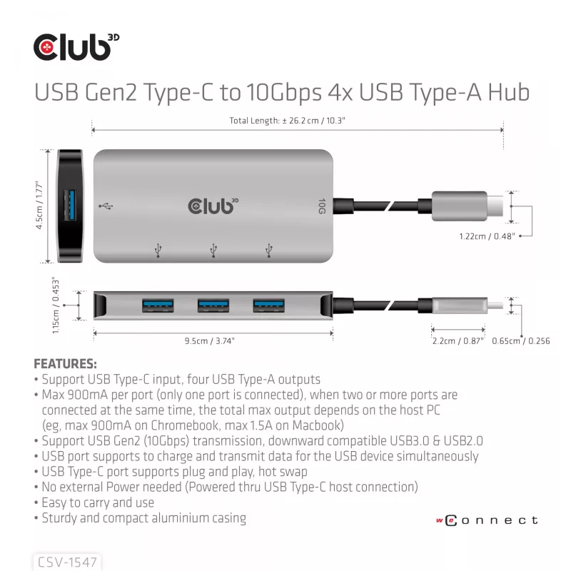 CLUB3D 4 portu USB-A centrmezgls USB-C – 10 Gbps ātra datu pārraide