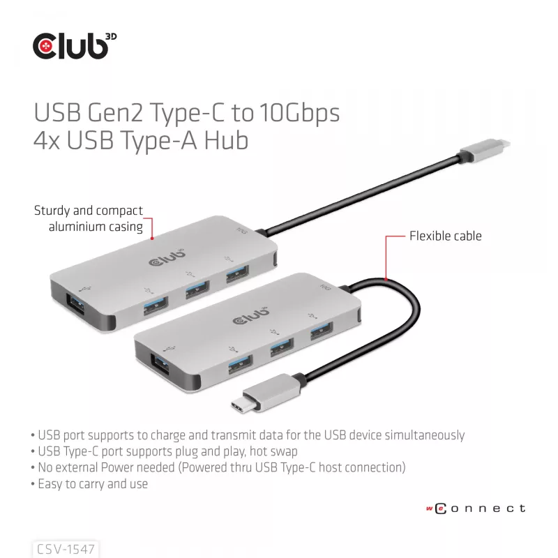 CLUB3D 4 portu USB-A centrmezgls USB-C – 10 Gbps ātra datu pārraide