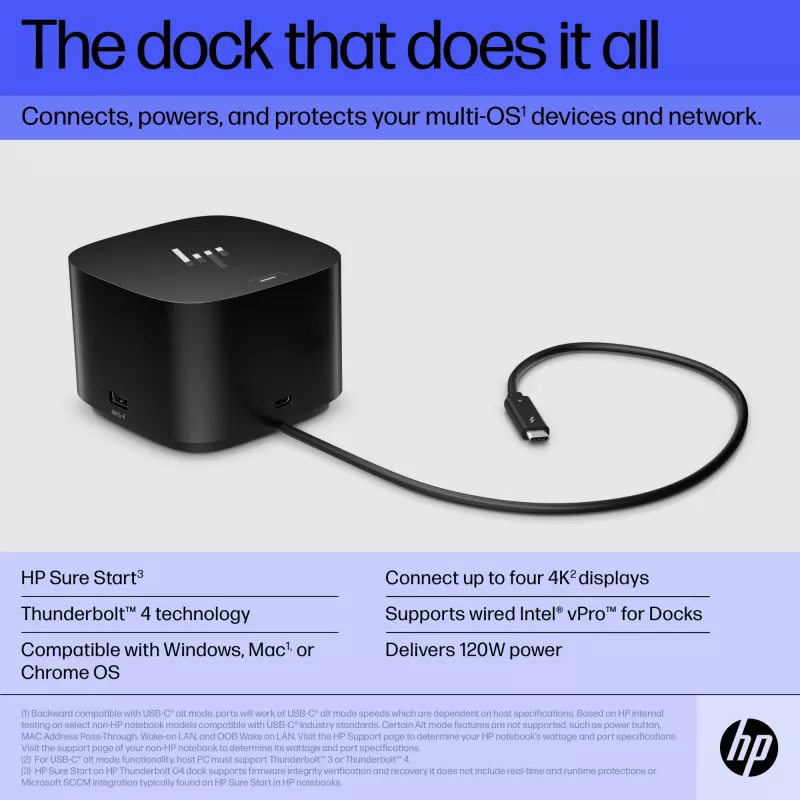 HP Thunderbolt Dock 120W G4, vadu, Thunderbolt 4, melns, Kensington, Ķīna, Taizeme, Taivāna, biznesam