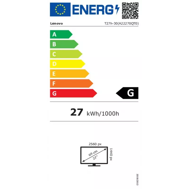 Lenovo T27h-30 datora monitors 68,6 cm (27 collas) 2560 x 1440 pikseļi Quad HD LED Melns