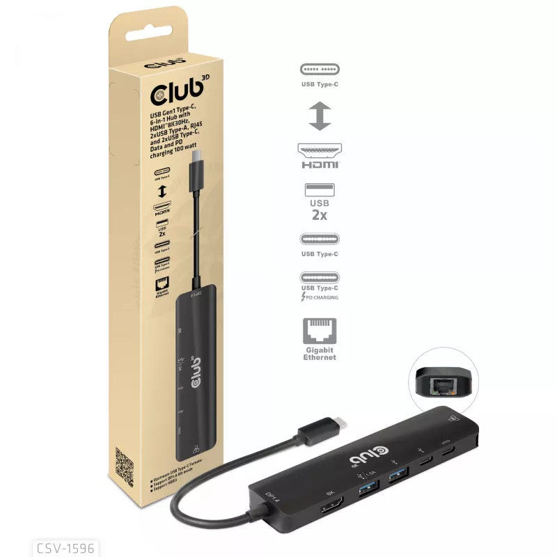 CLUB3D USB Gen1 Type-C, 6-in-1 centrmezgls ar HDMI 8K30Hz, 2xUSB Type-A, RJ45 un 2xUSB Type-C, datu un PD uzlādi 100 vati