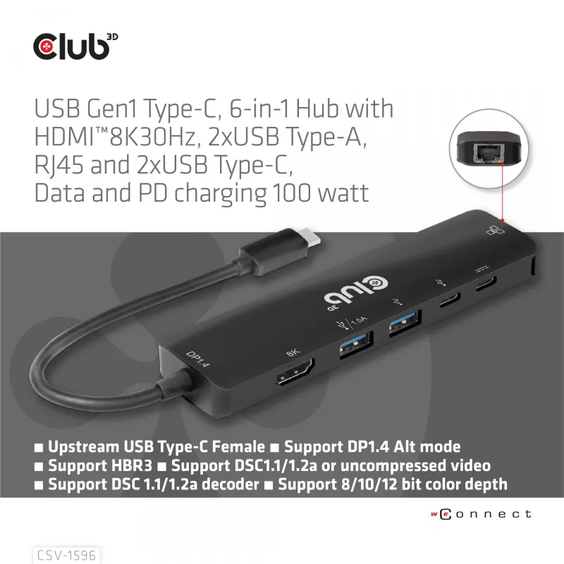 CLUB3D USB Gen1 Type-C, 6-in-1 centrmezgls ar HDMI 8K30Hz, 2xUSB Type-A, RJ45 un 2xUSB Type-C, datu un PD uzlādi 100 vati