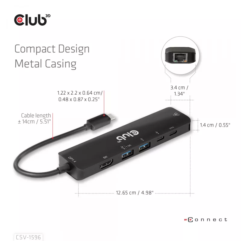 CLUB3D USB Gen1 Type-C, 6-in-1 centrmezgls ar HDMI 8K30Hz, 2xUSB Type-A, RJ45 un 2xUSB Type-C, datu un PD uzlādi 100 vati