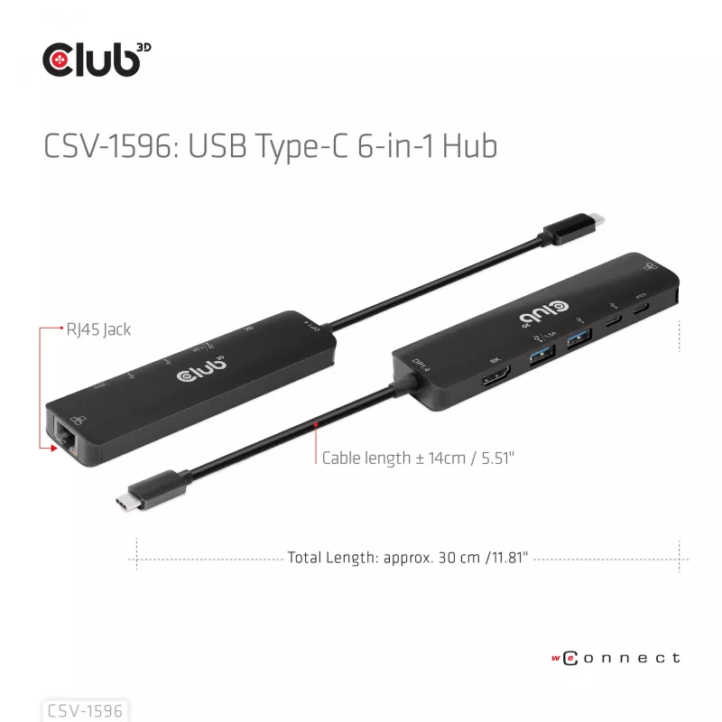 CLUB3D USB Gen1 Type-C, 6-in-1 centrmezgls ar HDMI 8K30Hz, 2xUSB Type-A, RJ45 un 2xUSB Type-C, datu un PD uzlādi 100 vati