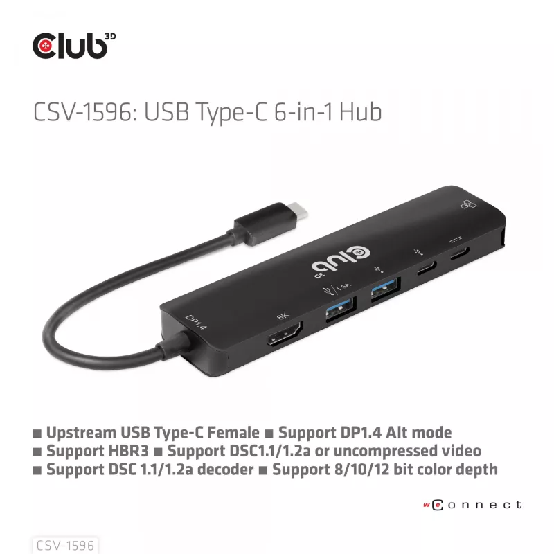 CLUB3D USB Gen1 Type-C, 6-in-1 centrmezgls ar HDMI 8K30Hz, 2xUSB Type-A, RJ45 un 2xUSB Type-C, datu un PD uzlādi 100 vati