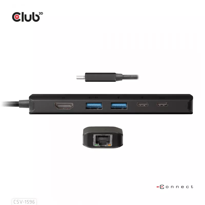 CLUB3D USB Gen1 Type-C, 6-in-1 centrmezgls ar HDMI 8K30Hz, 2xUSB Type-A, RJ45 un 2xUSB Type-C, datu un PD uzlādi 100 vati