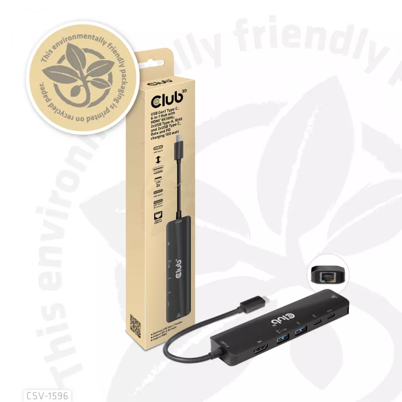 CLUB3D USB Gen1 Type-C, 6-in-1 centrmezgls ar HDMI 8K30Hz, 2xUSB Type-A, RJ45 un 2xUSB Type-C, datu un PD uzlādi 100 vati