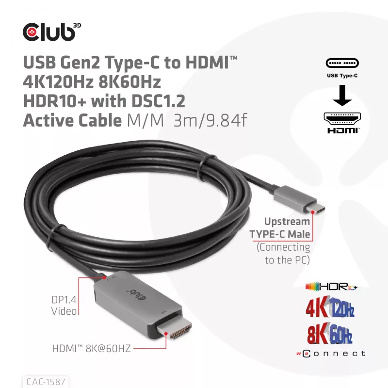 CLUB3D USB Gen2 Type-C uz HDMI 4K120Hz 8K60Hz HDR10 ar DSC1.2 aktīvais kabelis M/M 3m / 9.84ft