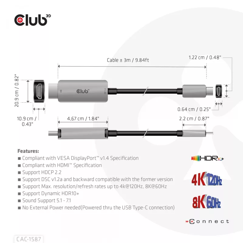 CLUB3D USB Gen2 Type-C uz HDMI 4K120Hz 8K60Hz HDR10 ar DSC1.2 aktīvais kabelis M/M 3m / 9.84ft