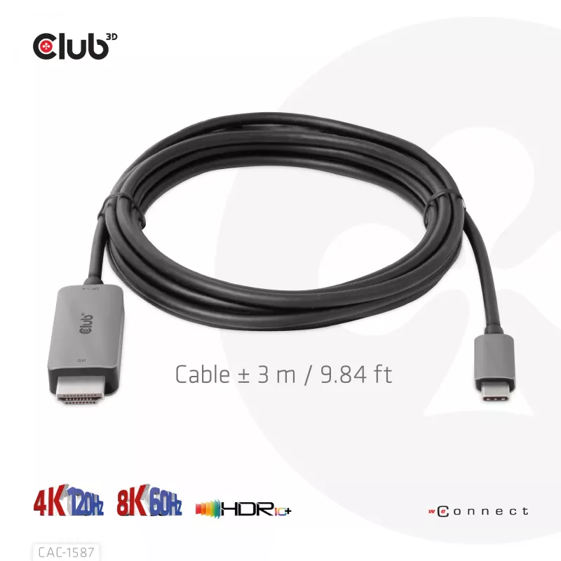 CLUB3D USB Gen2 Type-C uz HDMI 4K120Hz 8K60Hz HDR10 ar DSC1.2 aktīvais kabelis M/M 3m / 9.84ft