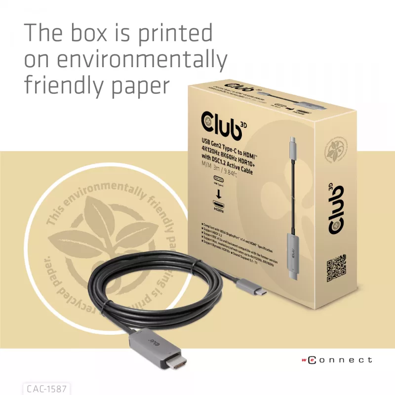 CLUB3D USB Gen2 Type-C uz HDMI 4K120Hz 8K60Hz HDR10 ar DSC1.2 aktīvais kabelis M/M 3m / 9.84ft