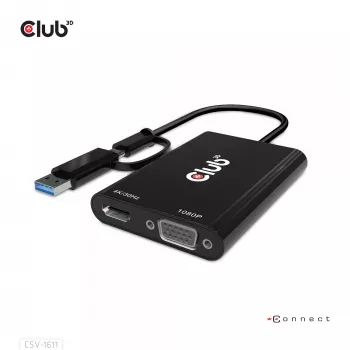 CLUB3D USB Gen1 Type-C/-A uz diviem HDMI (4K/30Hz) / VGA (1080/60Hz)