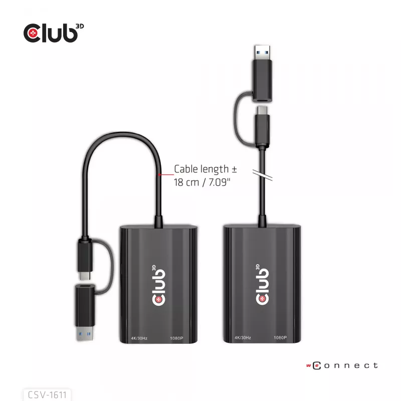 CLUB3D USB Gen1 Type-C/-A uz diviem HDMI (4K/30Hz) / VGA (1080/60Hz)