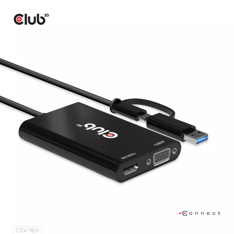 CLUB3D USB Gen1 Type-C/-A uz diviem HDMI (4K/30Hz) / VGA (1080/60Hz)