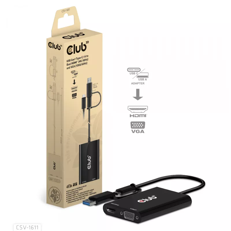CLUB3D USB Gen1 Type-C/-A uz diviem HDMI (4K/30Hz) / VGA (1080/60Hz)