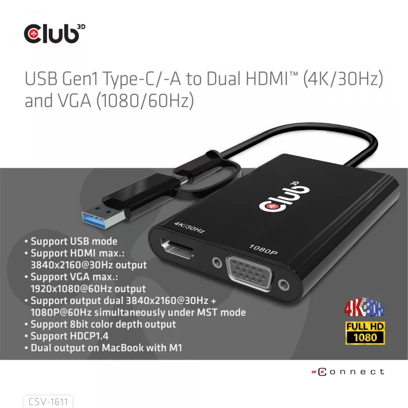 CLUB3D USB Gen1 Type-C/-A uz diviem HDMI (4K/30Hz) / VGA (1080/60Hz)