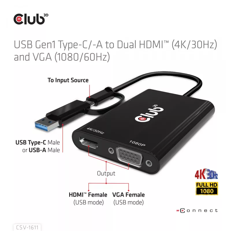 CLUB3D USB Gen1 Type-C/-A uz diviem HDMI (4K/30Hz) / VGA (1080/60Hz)