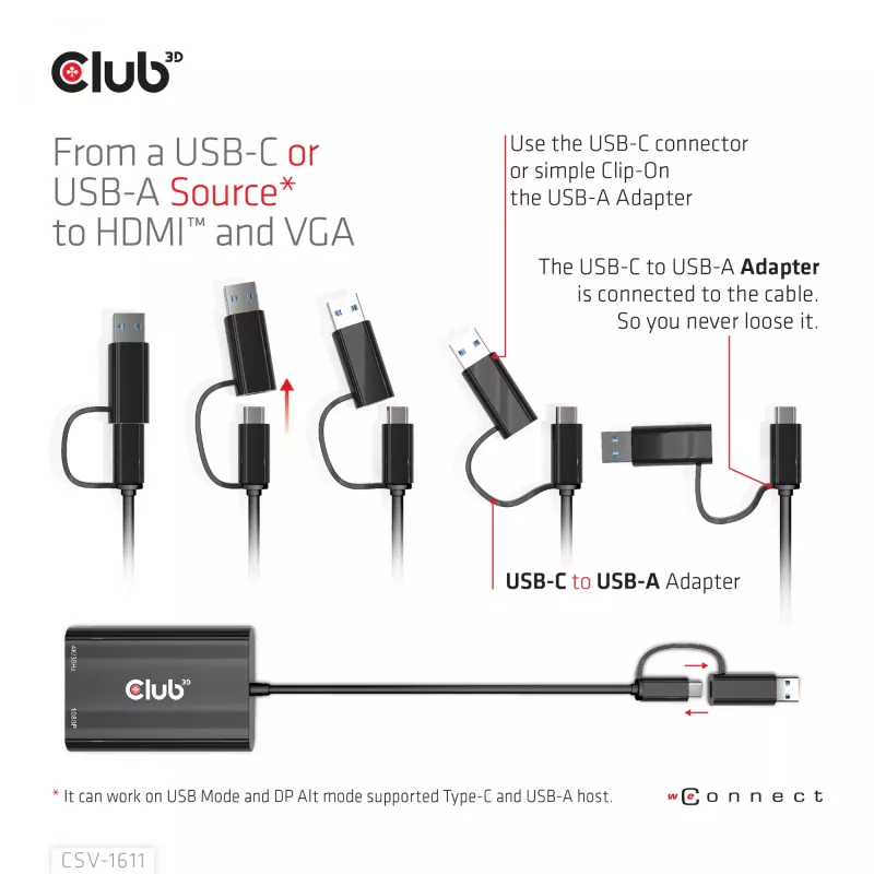 CLUB3D USB Gen1 Type-C/-A uz diviem HDMI (4K/30Hz) / VGA (1080/60Hz)
