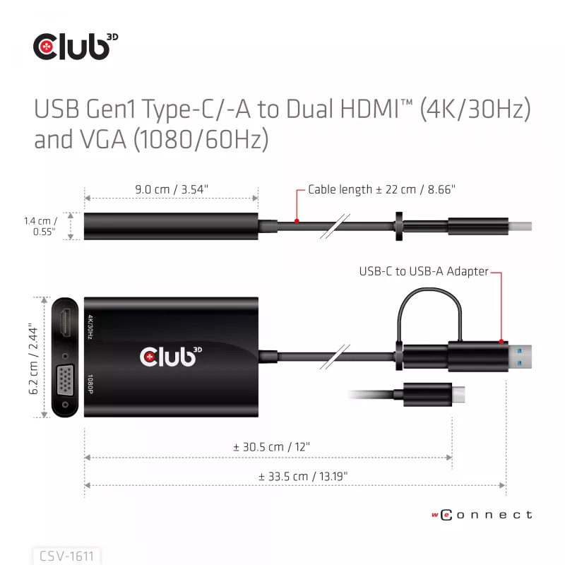 CLUB3D USB Gen1 Type-C/-A uz diviem HDMI (4K/30Hz) / VGA (1080/60Hz)