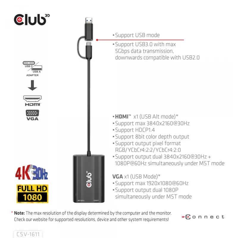 CLUB3D USB Gen1 Type-C/-A uz diviem HDMI (4K/30Hz) / VGA (1080/60Hz)
