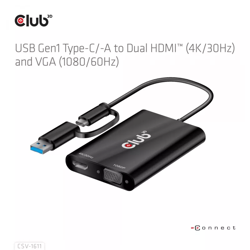 CLUB3D USB Gen1 Type-C/-A uz diviem HDMI (4K/30Hz) / VGA (1080/60Hz)