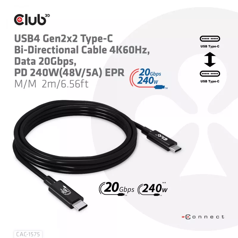CLUB3D USB4 Gen2x2 Type-C divvirzienu kabelis 4K60Hz, dati 20Gbps, PD 240W(48V/5A) EPR M/M 2m