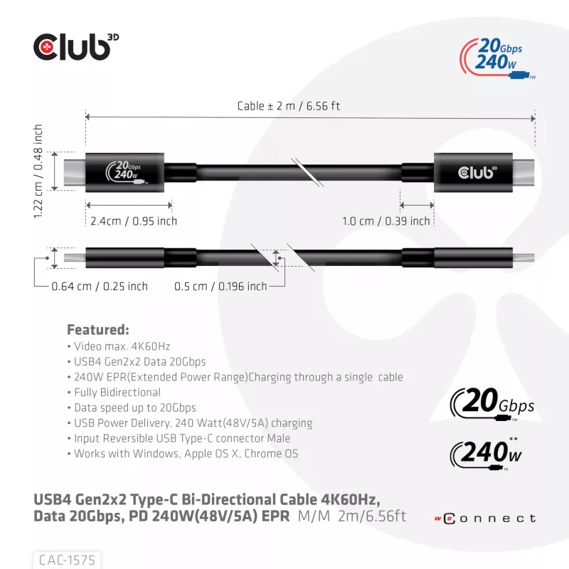 CLUB3D USB4 Gen2x2 Type-C divvirzienu kabelis 4K60Hz, dati 20Gbps, PD 240W(48V/5A) EPR M/M 2m