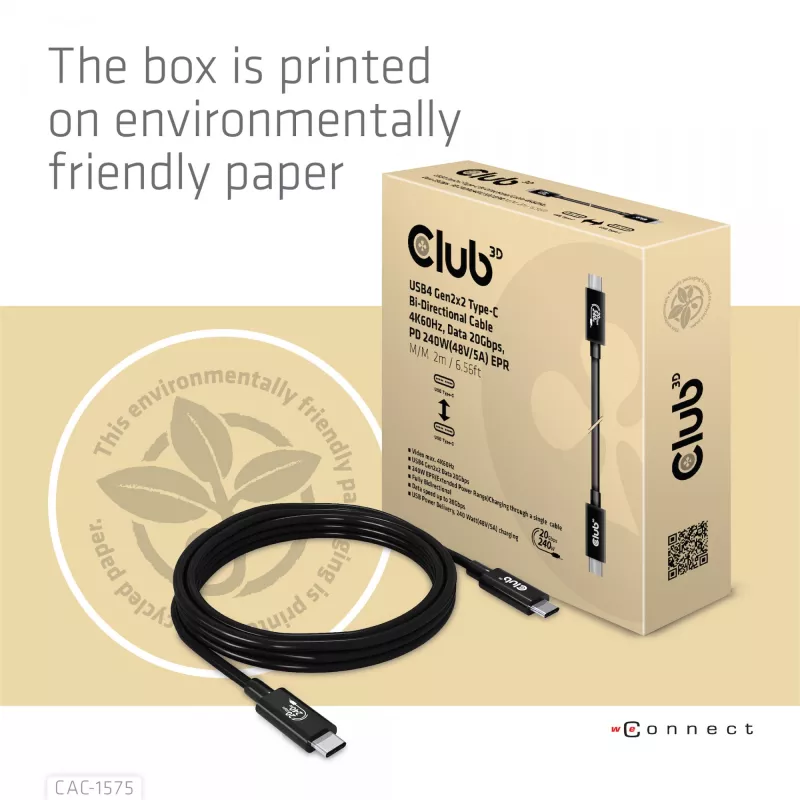 CLUB3D USB4 Gen2x2 Type-C divvirzienu kabelis 4K60Hz, dati 20Gbps, PD 240W(48V/5A) EPR M/M 2m