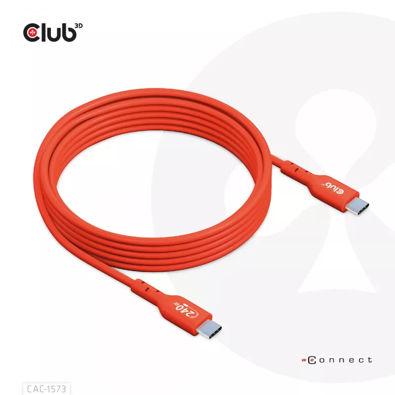 USB-C–USB-C divvirzienu kabelis CLUB3D CAC-1573, USB4 Gen 2x2, 2 m, sarkans, PD līdz 240 W