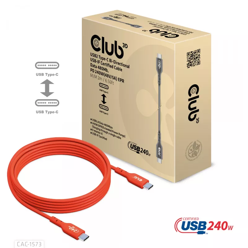 USB-C–USB-C divvirzienu kabelis CLUB3D CAC-1573, USB4 Gen 2x2, 2 m, sarkans, PD līdz 240 W