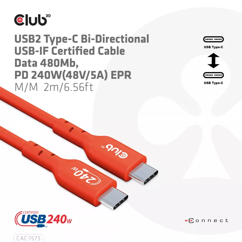 USB-C–USB-C divvirzienu kabelis CLUB3D CAC-1573, USB4 Gen 2x2, 2 m, sarkans, PD līdz 240 W