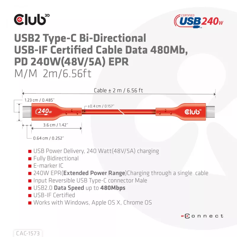 USB-C–USB-C divvirzienu kabelis CLUB3D CAC-1573, USB4 Gen 2x2, 2 m, sarkans, PD līdz 240 W
