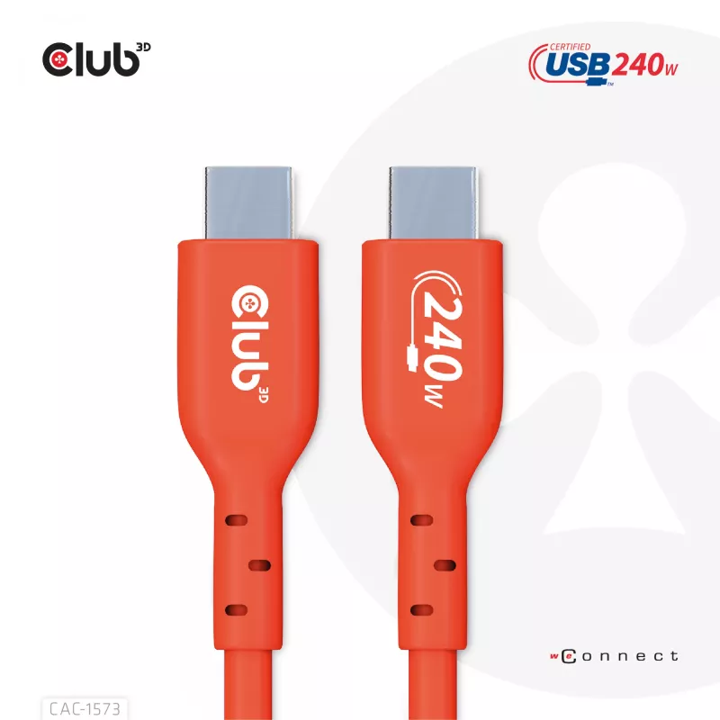 USB-C–USB-C divvirzienu kabelis CLUB3D CAC-1573, USB4 Gen 2x2, 2 m, sarkans, PD līdz 240 W