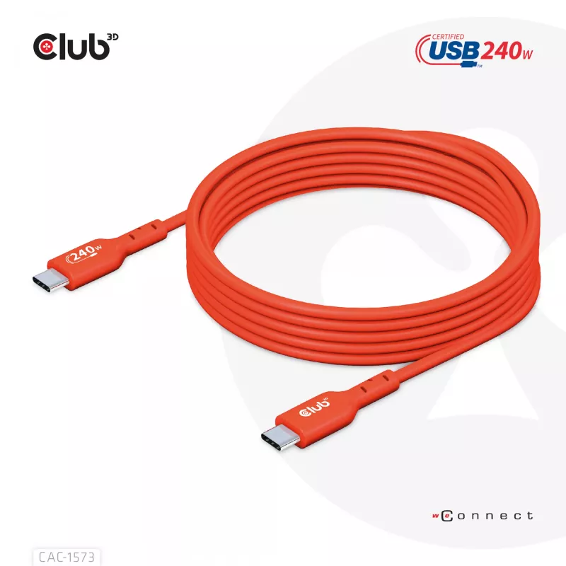 USB-C–USB-C divvirzienu kabelis CLUB3D CAC-1573, USB4 Gen 2x2, 2 m, sarkans, PD līdz 240 W