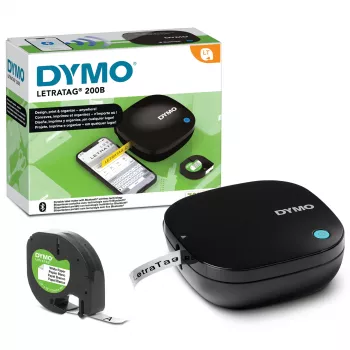 DYMO LetraTag 200B Bluetooth etiķešu printeris | Kompakts etiķešu printeris | Savienojas, izmantojot Bluetooth bezvadu tehnoloģiju, ar iOS un Android | Komplektā 1 balta papīra etiķešu lente | Melns