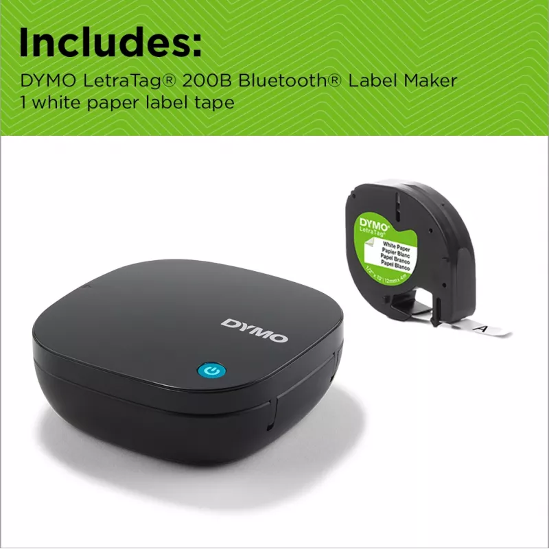 DYMO LetraTag 200B Bluetooth etiķešu printeris | Kompakts etiķešu printeris | Savienojas, izmantojot Bluetooth bezvadu tehnoloģiju, ar iOS un Android | Komplektā 1 balta papīra etiķešu lente | Melns