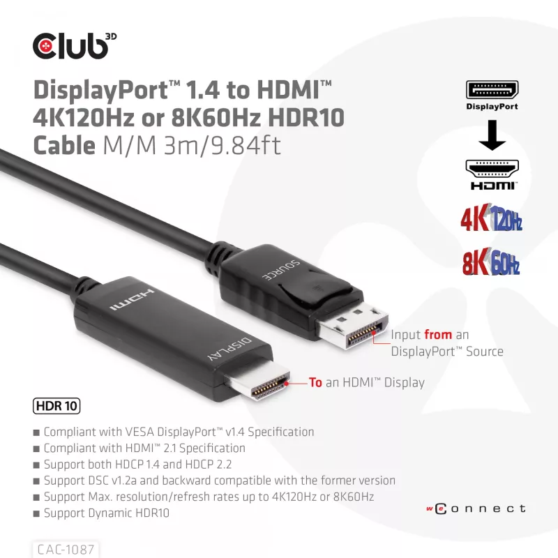 CLUB3D DisplayPort 1.4 uz HDMI 4K120Hz vai 8K60Hz HDR10 kabelis M/M 3m