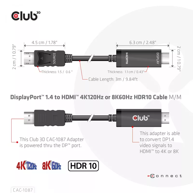 CLUB3D DisplayPort 1.4 uz HDMI 4K120Hz vai 8K60Hz HDR10 kabelis M/M 3m